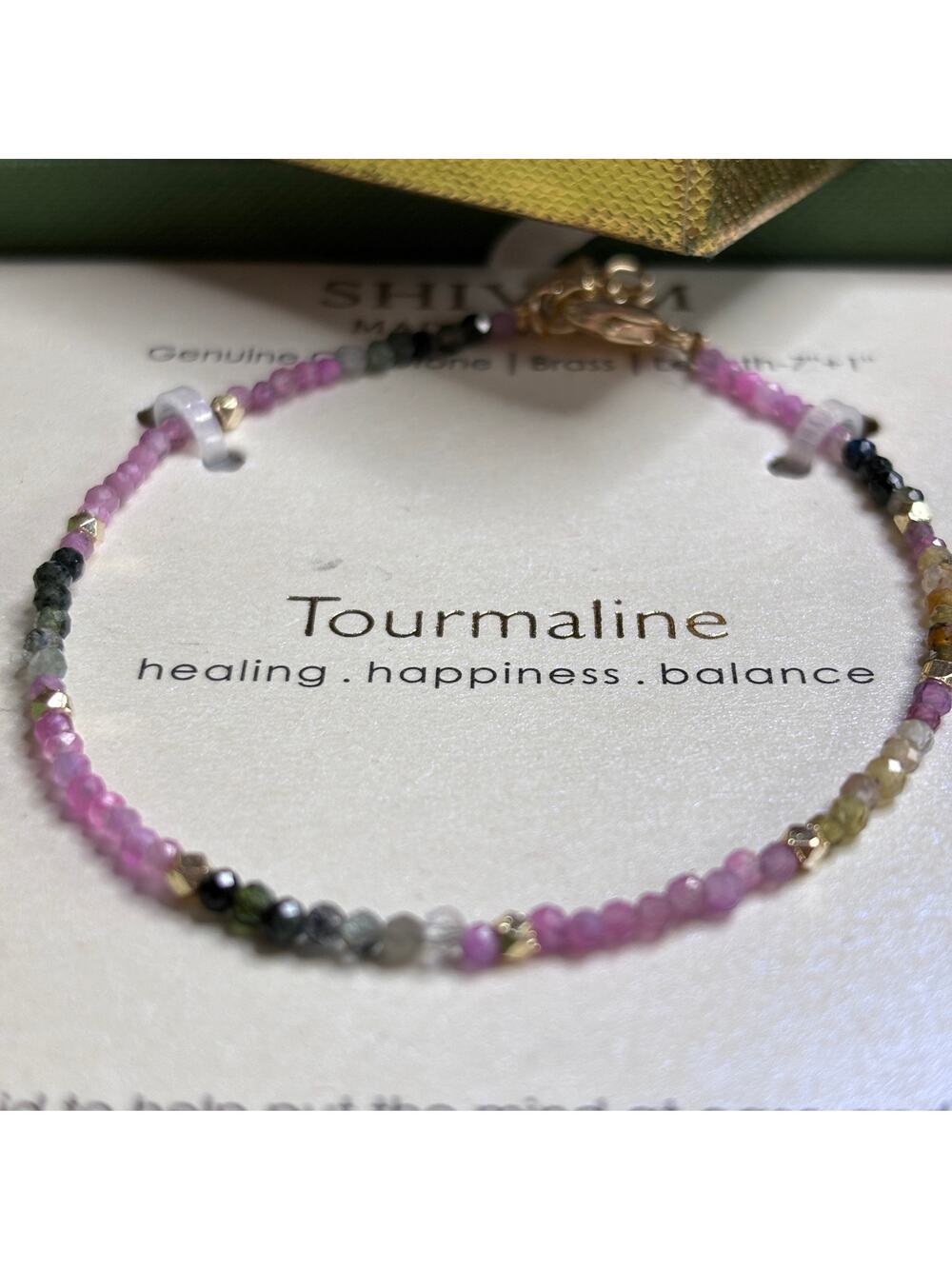 Shivam Tourmaline Genuine Gemstone Beaded Bracelet Gold Healing India NWT